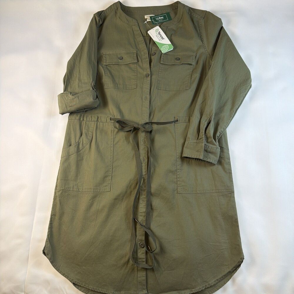 L.L.Bean Dusty Olive Shirt Dress M REG Belted Long Sleeve Soft TENCEL Boho